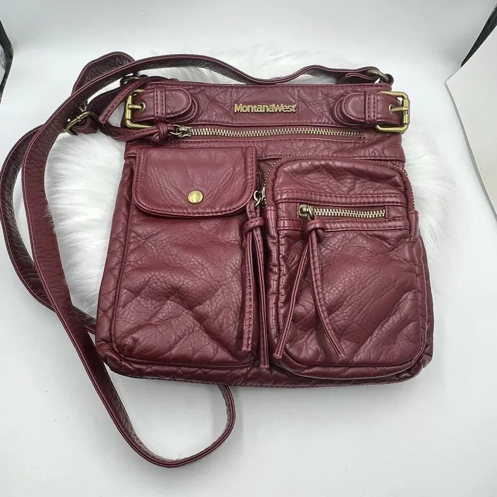 Montana West Leather Crossbody Purse Multi Pocket Shoulder Bag Red Bohemian